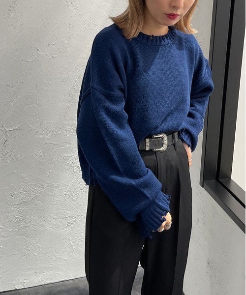 apres jour mignon（アプレジュールミニョン）の「ダメージショートニット 【ZOZOTOWN限定アイテム】（ニット/セーター・レディース・グリーン/マスタード/ブラック/アイボリー/ブルー系その他・X-LARGE/フリー）」の4枚目の写真