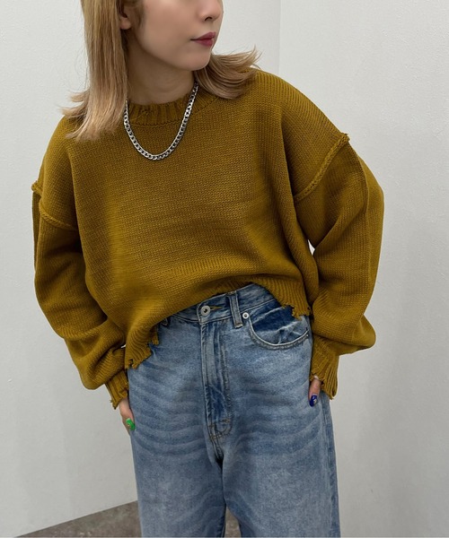 apres jour mignon（アプレジュールミニョン）の「ダメージショートニット 【ZOZOTOWN限定アイテム】（ニット/セーター・レディース・グリーン/マスタード/ブラック/アイボリー/ブルー系その他・X-LARGE/フリー）」の5枚目の写真