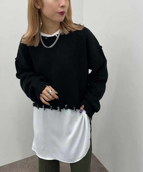 apres jour mignon（アプレジュールミニョン）の「ダメージショートニット 【ZOZOTOWN限定アイテム】（ニット/セーター・レディース・グリーン/マスタード/ブラック/アイボリー/ブルー系その他・X-LARGE/フリー）」の2枚目の写真