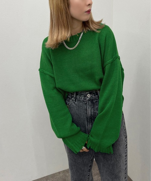 apres jour mignon（アプレジュールミニョン）の「ダメージショートニット 【ZOZOTOWN限定アイテム】（ニット/セーター・レディース・グリーン/マスタード/ブラック/アイボリー/ブルー系その他・X-LARGE/フリー）」の13枚目の写真