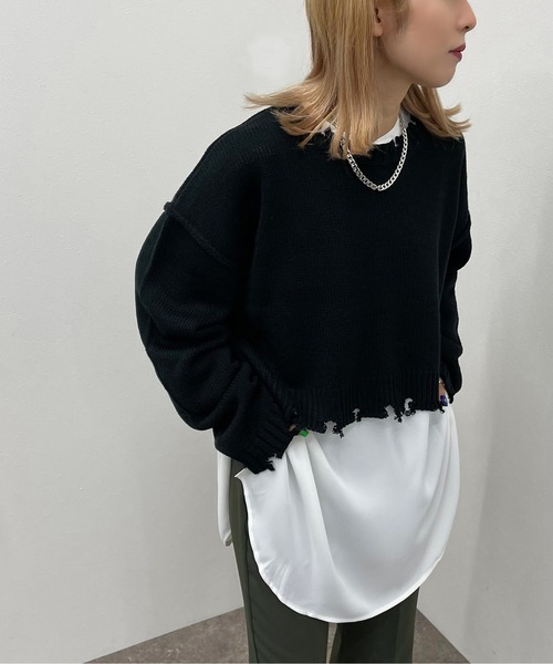 apres jour mignon（アプレジュールミニョン）の「ダメージショートニット 【ZOZOTOWN限定アイテム】（ニット/セーター・レディース・グリーン/マスタード/ブラック/アイボリー/ブルー系その他・X-LARGE/フリー）」の7枚目の写真