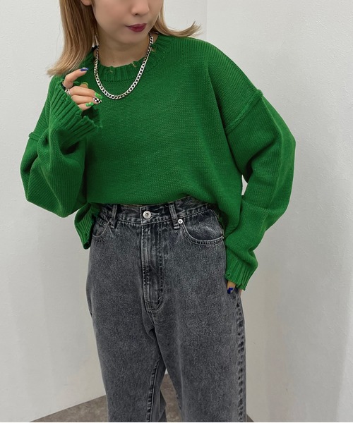 apres jour mignon（アプレジュールミニョン）の「ダメージショートニット 【ZOZOTOWN限定アイテム】（ニット/セーター・レディース・グリーン/マスタード/ブラック/アイボリー/ブルー系その他・X-LARGE/フリー）」の12枚目の写真