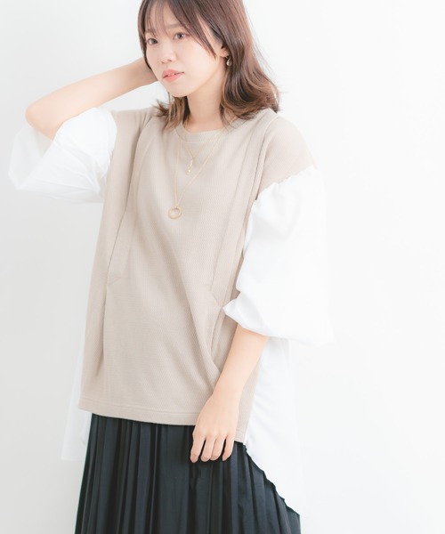 Wordtrobe（ワードトローブ）の「【wordtrobe】ワッフルx布帛ドッキング　プルオーバー（シャツ/ブラウス・レディース・チャコールグレー/ベージュ/ブラウン/カーキ・FREE）」の4枚目の写真