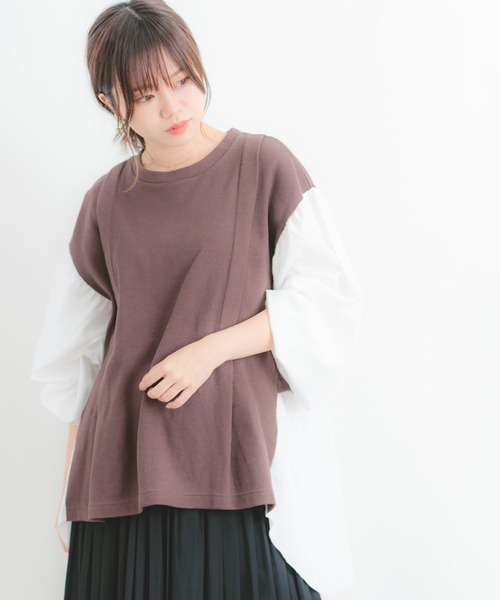 Wordtrobe（ワードトローブ）の「【wordtrobe】ワッフルx布帛ドッキング　プルオーバー（シャツ/ブラウス・レディース・チャコールグレー/ベージュ/ブラウン/カーキ・FREE）」の3枚目の写真