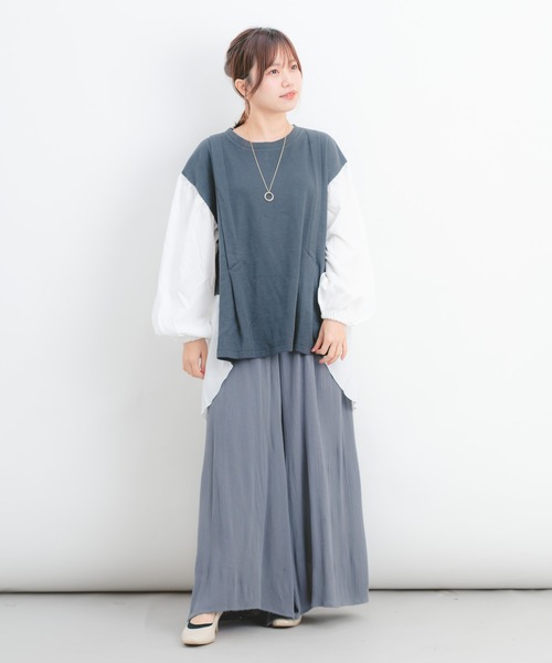 Wordtrobe（ワードトローブ）の「【wordtrobe】ワッフルx布帛ドッキング　プルオーバー（シャツ/ブラウス・レディース・チャコールグレー/ベージュ/ブラウン/カーキ・FREE）」の5枚目の写真