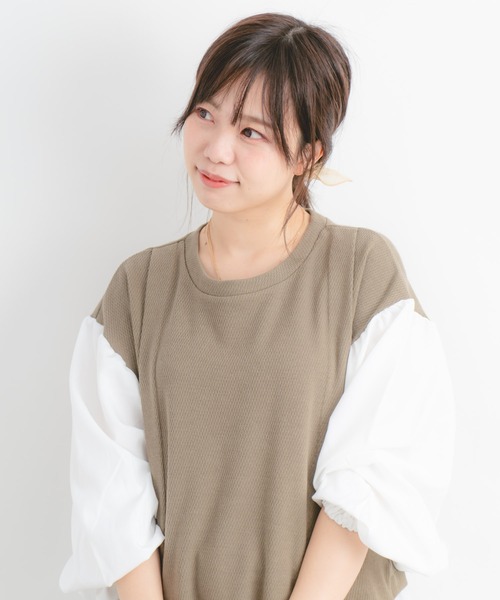 Wordtrobe（ワードトローブ）の「【wordtrobe】ワッフルx布帛ドッキング　プルオーバー（シャツ/ブラウス・レディース・チャコールグレー/ベージュ/ブラウン/カーキ・FREE）」の9枚目の写真