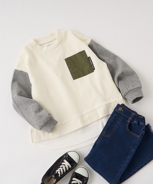CIAOPANIC TYPY(チャオパニックティピー)の「【KIDS】切り替えポケットレイヤード風プルオーバー(Tシャツ/カットソー・キッズ・グレー/アイボリー/カーキ・XX-LARGE/LARGE/SMALL/MEDIUM/X-LARGE)」の2枚目の写真