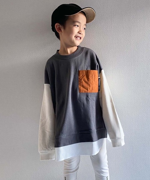 CIAOPANIC TYPY(チャオパニックティピー)の「【KIDS】切り替えポケットレイヤード風プルオーバー(Tシャツ/カットソー・キッズ・グレー/アイボリー/カーキ・XX-LARGE/LARGE/SMALL/MEDIUM/X-LARGE)」の1枚目の写真