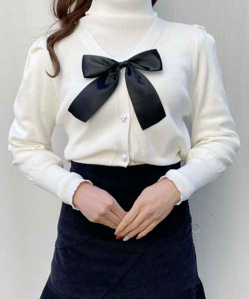 titty&Co. PETIT(ティティアンドコープティ)の「【titty&Co.PETIT】2WAYリボンカーデトップス(カーディガン/ボレロ・レディース・グレー/ホワイト/ブラック・FREE)」の4枚目の写真