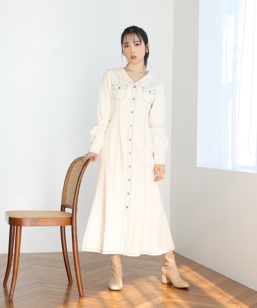 NICE CLAUP フリル袖ダークブルーデニムロングワンピース NICE CLAUP フリル袖ダークブルーデニムロングワンピース - メルカリ