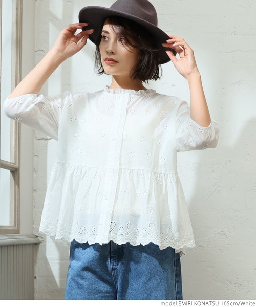 coca(coca)(コカ)の「前開きペプラム刺繍ブラウス(シャツ/ブラウス・レディース・ブラック/ホワイト・ONE SIZE)」の7枚目の写真