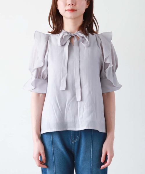 archives（アルシーヴ）の「五分袖フリルブラウス（シャツ/ブラウス・レディース・ブラック/ミント/オフホワイト/グレー・MEDIUM）」の8枚目の写真