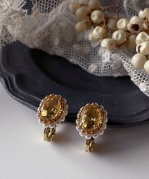 【malle la brocante/マルラブロカント】宝石質シトリンとヴィンテージパールの痛みにくいオーバルイヤリング/11月誕生石