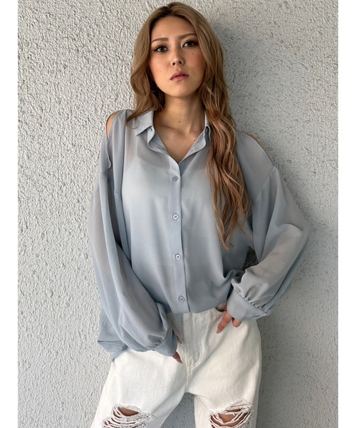 EGOIST（エゴイスト）の「ショルダースリットシアーシャツ（シャツ/ブラウス・レディース・ブラック/サックスブルー/ホワイト・FREE）」の3枚目の写真