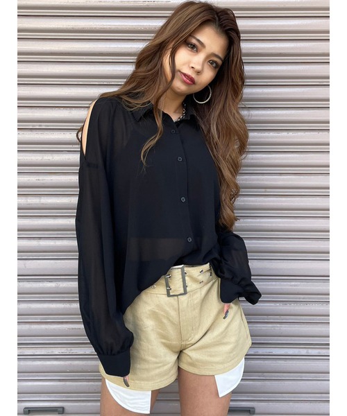 EGOIST（エゴイスト）の「ショルダースリットシアーシャツ（シャツ/ブラウス・レディース・ブラック/サックスブルー/ホワイト・FREE）」の7枚目の写真