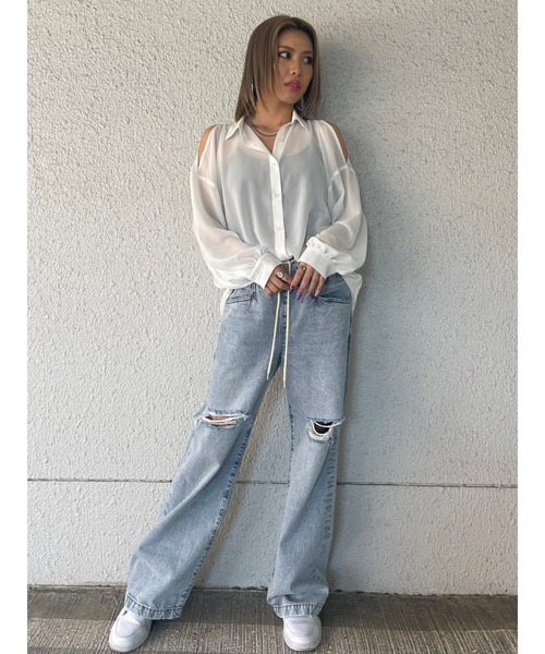 EGOIST（エゴイスト）の「ショルダースリットシアーシャツ（シャツ/ブラウス・レディース・ブラック/サックスブルー/ホワイト・FREE）」の4枚目の写真