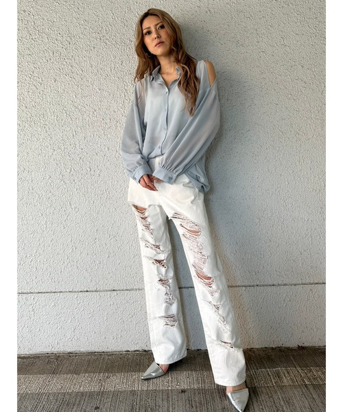 EGOIST（エゴイスト）の「ショルダースリットシアーシャツ（シャツ/ブラウス・レディース・ブラック/サックスブルー/ホワイト・FREE）」の14枚目の写真