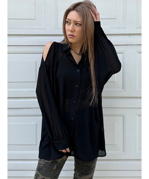 EGOIST（エゴイスト）の「ショルダースリットシアーシャツ（シャツ/ブラウス・レディース・ブラック/サックスブルー/ホワイト・FREE）」の10枚目の写真