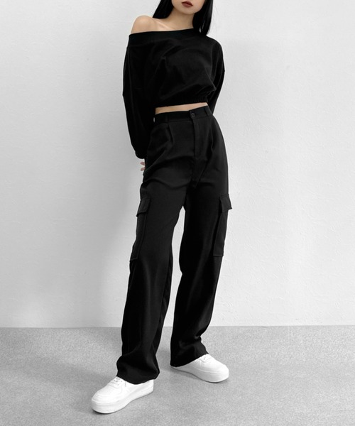 LVEU.（ラブユ.）の「【LVEU.】カーゴスラックスパンツ / ボトムス パンツ カーゴ スラックス タック レギュラー ストレート ワイド ルーズ ブラック グレー（スラックス・レディース・ブラック/グレー・FREE）」の3枚目の写真