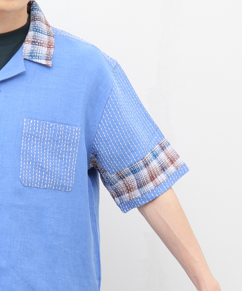 mii(ミー)の「【mii for LA BOUCLE】別注 マドラス パッチワーク カンタ リネン 半袖 シャツ(シャツ/ブラウス・メンズ・グリーン/ブラウン/サックスブルー・LARGE/MEDIUM)」の15枚目の写真
