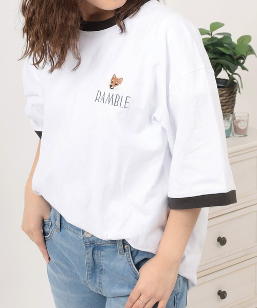 make a ray!（メイク ア レイ！）の「【別注】タイガー ＆ 柴犬 ワンポイント刺繍 リンガーTシャツ /  ビッグシルエット 半袖Tシャツ（Tシャツ/カットソー・レディース・ホワイト×ブラック/オフホワイト/ホワイト/スミクロ・M/L）」の10枚目の写真