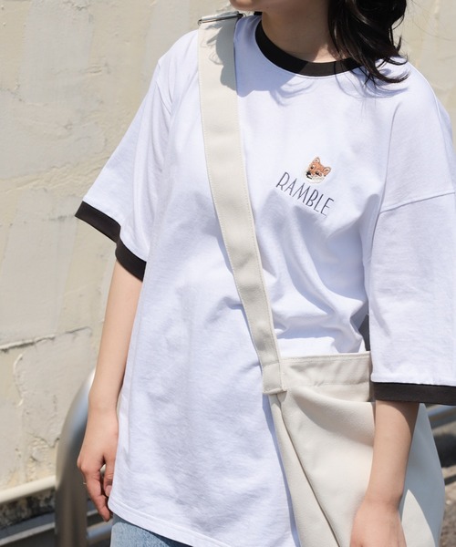 make a ray!（メイク ア レイ！）の「【別注】タイガー ＆ 柴犬 ワンポイント刺繍 リンガーTシャツ /  ビッグシルエット 半袖Tシャツ（Tシャツ/カットソー・レディース・ホワイト×ブラック/オフホワイト/ホワイト/スミクロ・M/L）」の22枚目の写真