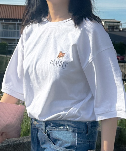 make a ray!（メイク ア レイ！）の「【別注】タイガー ＆ 柴犬 ワンポイント刺繍 リンガーTシャツ /  ビッグシルエット 半袖Tシャツ（Tシャツ/カットソー・レディース・ホワイト×ブラック/オフホワイト/ホワイト/スミクロ・M/L）」の13枚目の写真