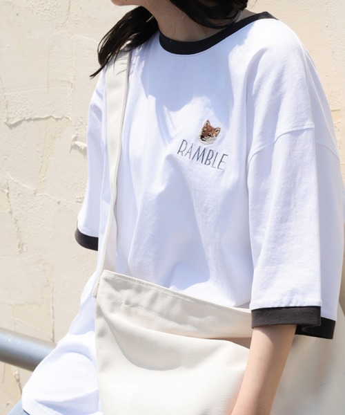 make a ray!（メイク ア レイ！）の「【別注】タイガー ＆ 柴犬 ワンポイント刺繍 リンガーTシャツ /  ビッグシルエット 半袖Tシャツ（Tシャツ/カットソー・レディース・ホワイト×ブラック/オフホワイト/ホワイト/スミクロ・M/L）」の21枚目の写真