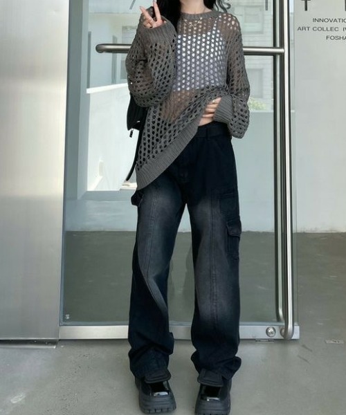 SHEENA(シーナ)の「ルーズメッシュニットトップス(Tシャツ/カットソー・レディース・カーキ/ブラック/グレー系その他/ホワイト・M)」の6枚目の写真