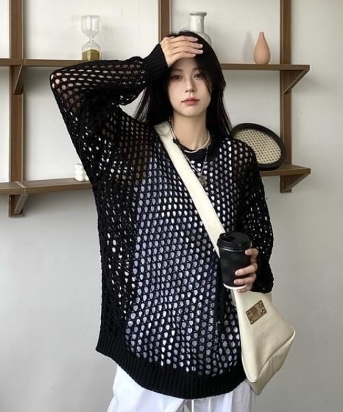 SHEENA(シーナ)の「ルーズメッシュニットトップス(Tシャツ/カットソー・レディース・カーキ/ブラック/グレー系その他/ホワイト・M)」の14枚目の写真