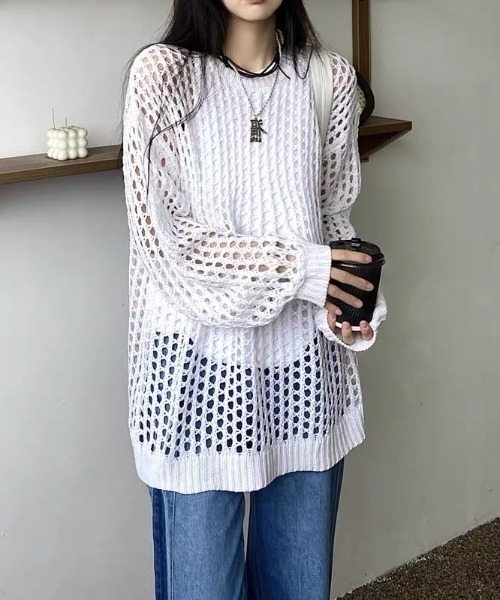 セール】ルーズメッシュニットトップス（Tシャツ/カットソー