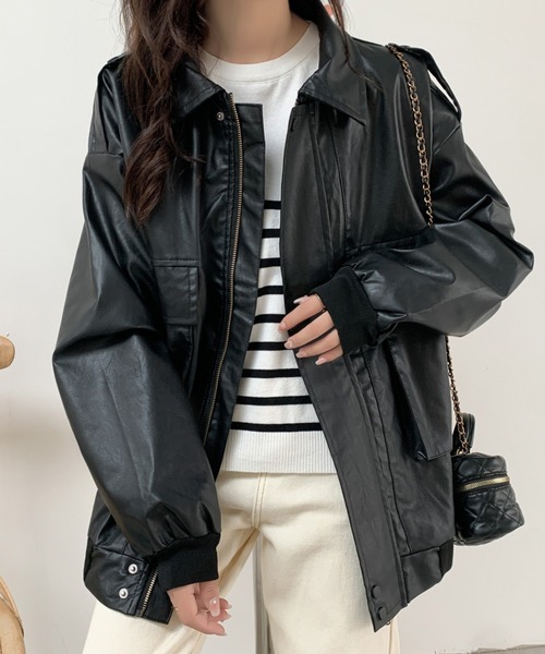 ABITOKYO（アビトーキョー）の「フェイクレザーヴィンテージオーバーブルゾン（ライダースジャケット・レディース・ブラック/ブラウン・FREE）」の12枚目の写真