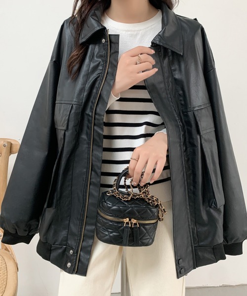 ABITOKYO（アビトーキョー）の「フェイクレザーヴィンテージオーバーブルゾン（ライダースジャケット・レディース・ブラック/ブラウン・FREE）」の13枚目の写真