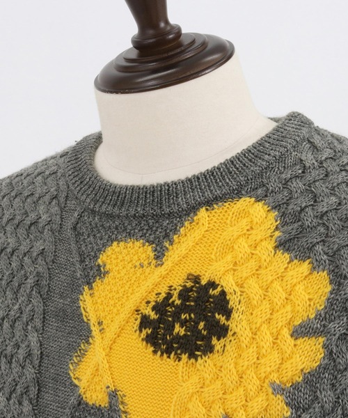 ADAM PATEK(アダムパテック)の「【ADAMPATEK/アダムパテック】Floral pattern cable crew neck / 花柄ケーブルクルーネックニット(ニット/セーター・メンズ・ブルー/ホワイト/グレー・2/1)」の7枚目の写真
