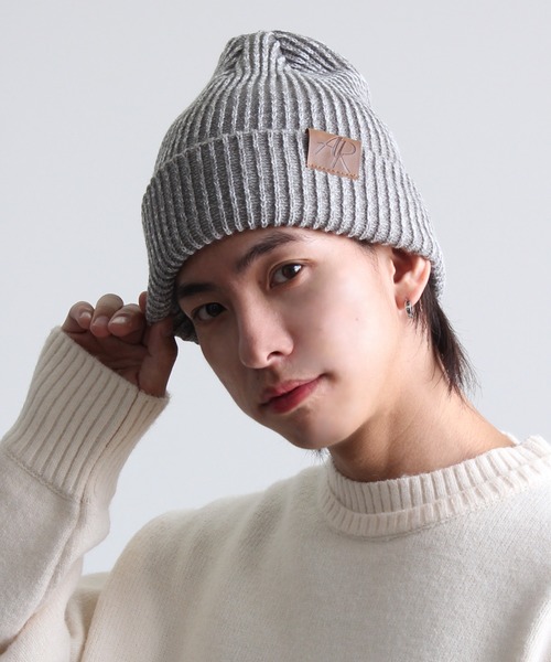 セール】ボリュームあぜ編み PUレザータグ ニットビーニー/ニット
