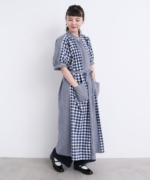 アトリエドゥサボン　手描きチェックのパッチワーク　ワンピース アトリエドゥサボン 手描きチェックのパッチワーク ワンピース