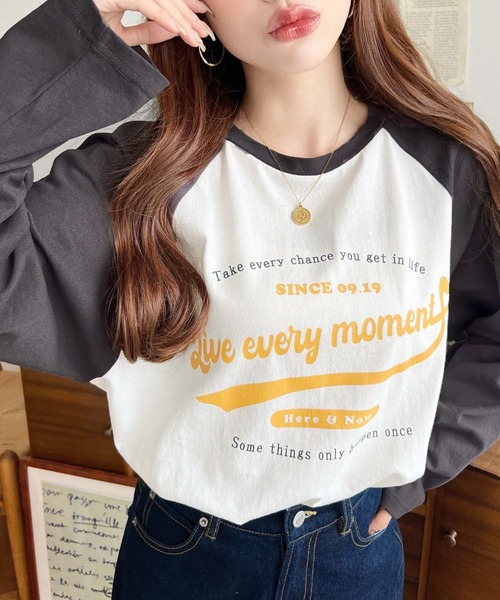 moment+（モーメントプラス）の「綿100％天竺.ラグランロゴプリントロンT（Tシャツ/カットソー・レディース・チャコールグレー/ネイビー/ピンク/オートミール・M/L）」の6枚目の写真