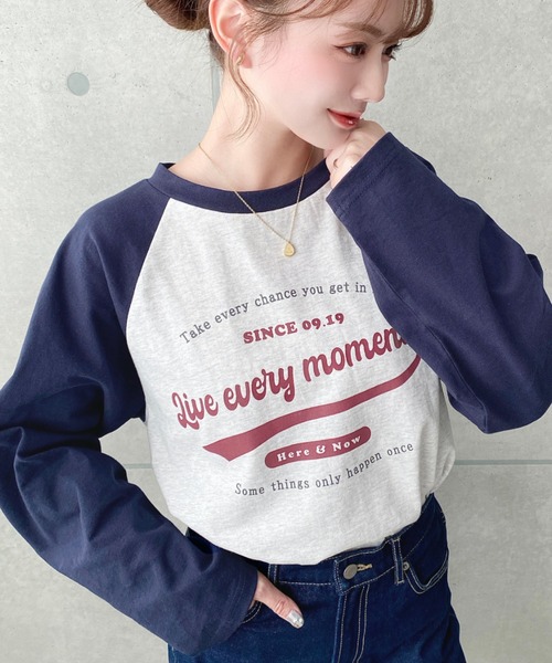 moment+（モーメントプラス）の「綿100％天竺.ラグランロゴプリントロンT（Tシャツ/カットソー・レディース・チャコールグレー/ネイビー/ピンク/オートミール・M/L）」の16枚目の写真