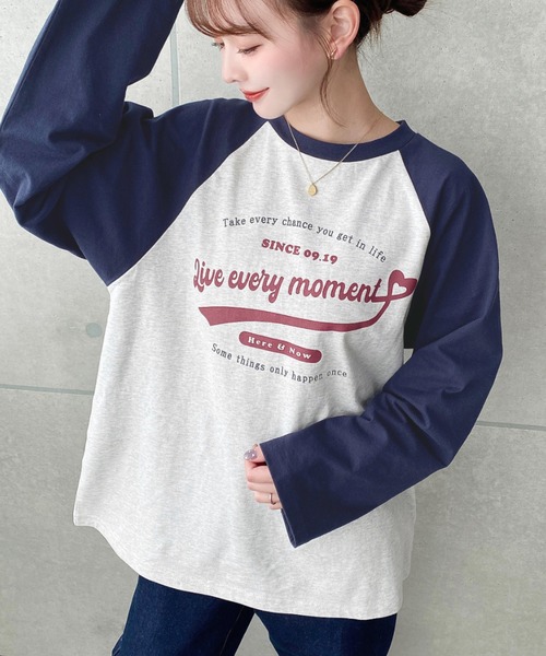 moment+（モーメントプラス）の「綿100％天竺.ラグランロゴプリントロンT（Tシャツ/カットソー・レディース・チャコールグレー/ネイビー/ピンク/オートミール・M/L）」の19枚目の写真