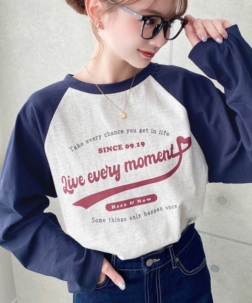 moment+（モーメントプラス）の「綿100％天竺.ラグランロゴプリントロンT（Tシャツ/カットソー・レディース・チャコールグレー/ネイビー/ピンク/オートミール・M/L）」の18枚目の写真