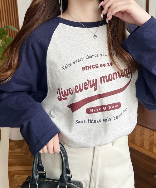 moment+（モーメントプラス）の「綿100％天竺.ラグランロゴプリントロンT（Tシャツ/カットソー・レディース・チャコールグレー/ネイビー/ピンク/オートミール・M/L）」の20枚目の写真