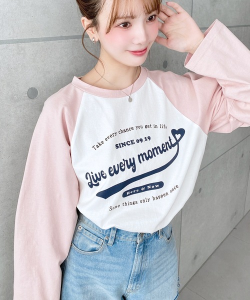 moment+（モーメントプラス）の「綿100％天竺.ラグランロゴプリントロンT（Tシャツ/カットソー・レディース・チャコールグレー/ネイビー/ピンク/オートミール・M/L）」の22枚目の写真