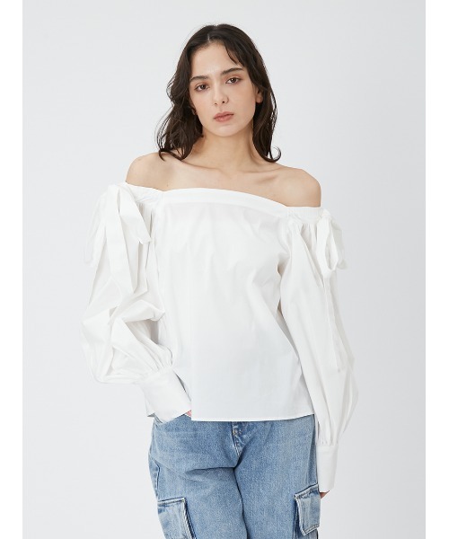 FRAY I.D（フレイアイディー）の「タックオフショルリボンブラウス（シャツ/ブラウス・レディース・ホワイト/ブラック/ストライプ・FREE）」の10枚目の写真