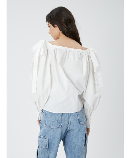 FRAY I.D / タックオフショルリボンブラウス/one/コットン/BLU/ストライプ/FWFB241097 FRAY I.D（フレイアイディー）の「タックオフショルリボンブラウス