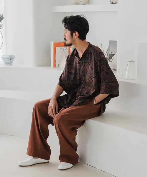 EDIFICE（エディフィス）の「リネン/ビスコース ポプリン ワイドイージーパンツ（スラックス・メンズ・ブラック/チャコールグレー/ブラウン/マスタード・MEDIUM/LARGE）」の13枚目の写真