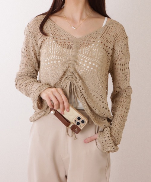 Lace Ladies(レースレディース)の「透かし編み ドローストリング Vネック ニット プルオーバー(ニット/セーター・レディース・ブラック/ベージュ/ピンク/アイボリー/ホワイト・FREE)」の4枚目の写真