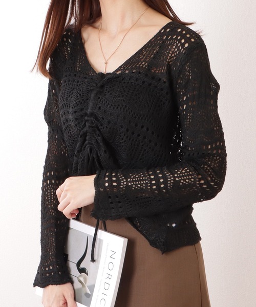 Lace Ladies(レースレディース)の「透かし編み ドローストリング Vネック ニット プルオーバー(ニット/セーター・レディース・ブラック/ベージュ/ピンク/アイボリー/ホワイト・FREE)」の7枚目の写真