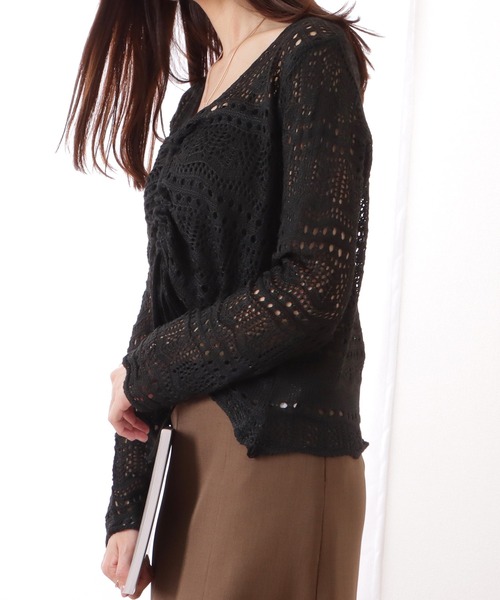 Lace Ladies(レースレディース)の「透かし編み ドローストリング Vネック ニット プルオーバー(ニット/セーター・レディース・ブラック/ベージュ/ピンク/アイボリー/ホワイト・FREE)」の10枚目の写真