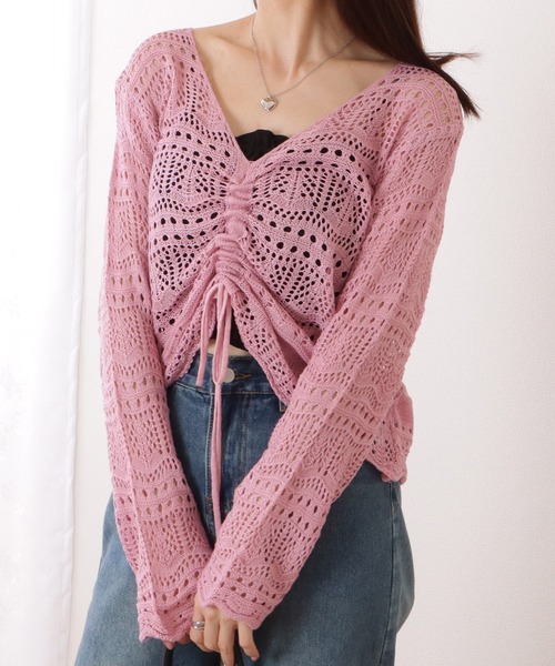 Lace Ladies(レースレディース)の「透かし編み ドローストリング Vネック ニット プルオーバー(ニット/セーター・レディース・ブラック/ベージュ/ピンク/アイボリー/ホワイト・FREE)」の11枚目の写真