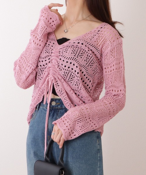Lace Ladies(レースレディース)の「透かし編み ドローストリング Vネック ニット プルオーバー(ニット/セーター・レディース・ブラック/ベージュ/ピンク/アイボリー/ホワイト・FREE)」の13枚目の写真